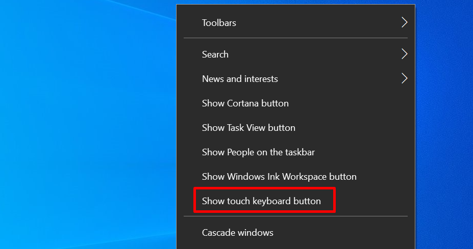 Bạn nháy chuột phải chọn vào thanh ở cuối cùng  Taskbar. Tiếp theo nhấn vào chọn Show touch keyboard button.