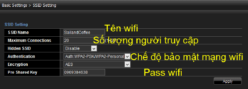 Chọn Apply Config để đổi mật khẩu Wifi Viettel