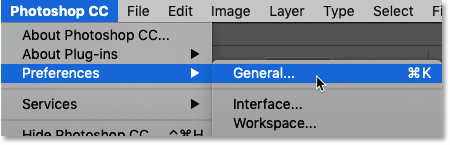 Chọn Edit (Win) / Photoshop CC (Mac)> Preferences> General