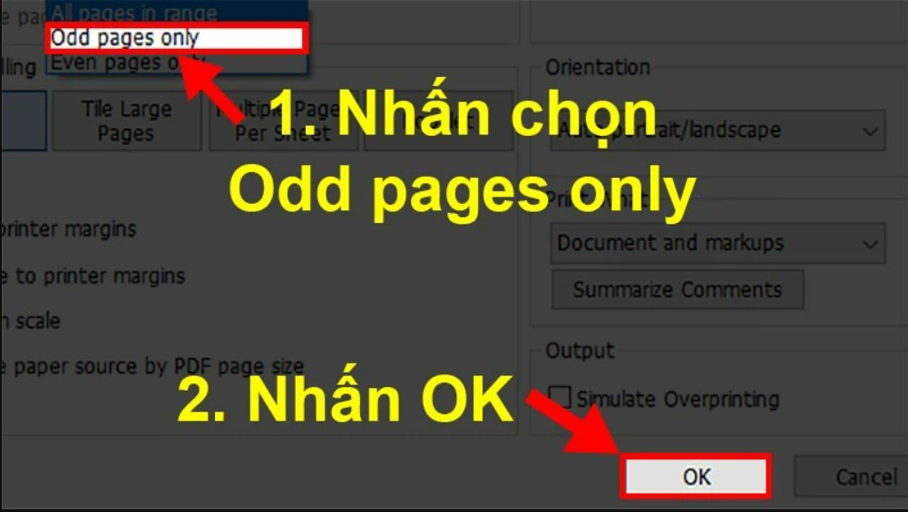 Chọn Odd pages only sau đó chọn OK (máy in 1 mặt) của file PDF 