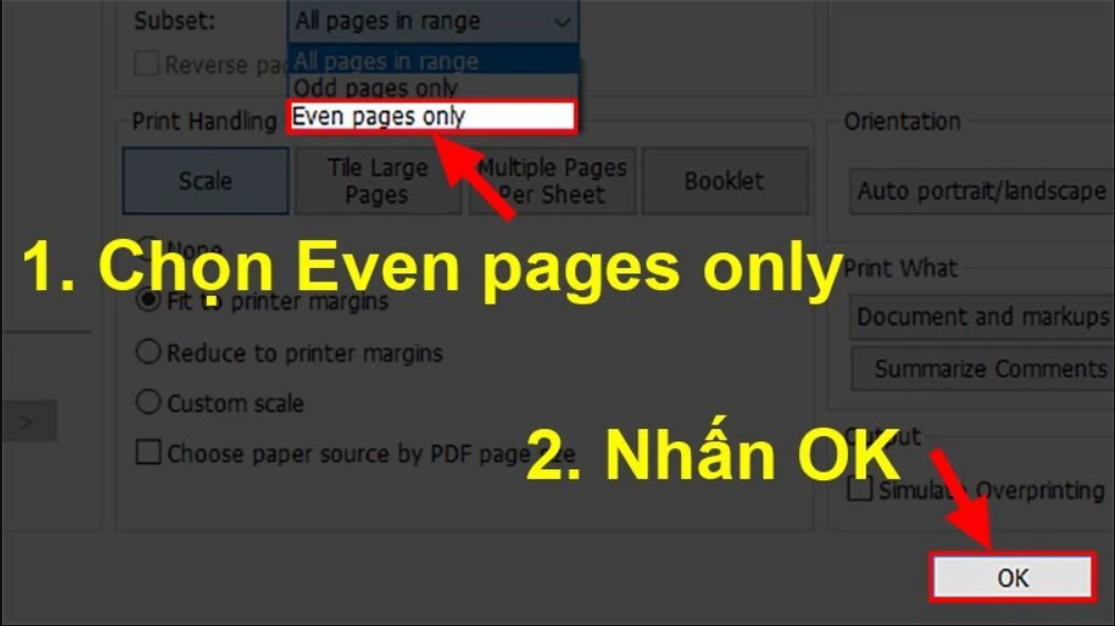 Chọn lệnh Even pages only (máy in 1 mặt) của File PDF 