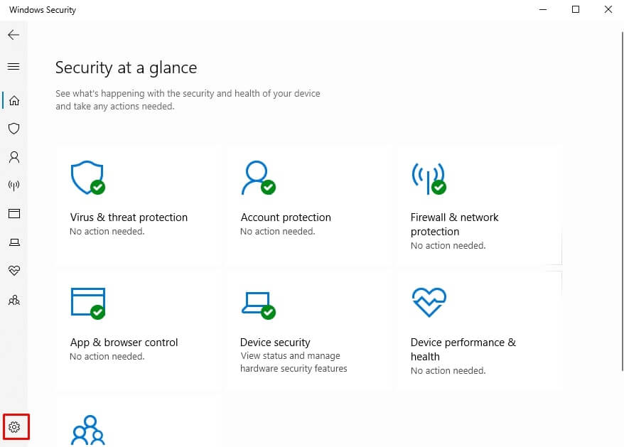Click vào mục Settings của ứng dụng Windows Security
