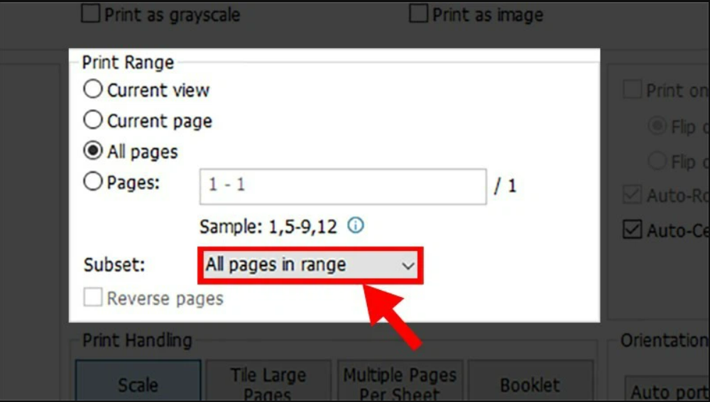 Nhấp vào lệnh All pages in range (máy in 1 mặt) của File PDF