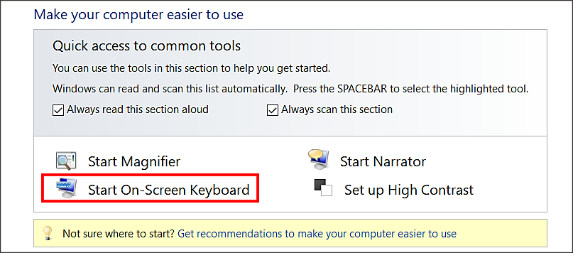 Sau đó bạn nháy vào chọn Start On-Screen Keyboard để mở bàn phím ảo trên màn hình laptop hoặc máy tính.