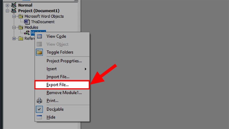 Vào lại giao diện Microsoft Visual Basic > Nhấn chuột phải vào Module 1 lúc nãy đã nhập mã code xóa nhiều trang > Chọn Export File...