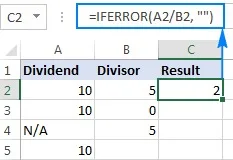 =IFERROR(A2/B2, “Error in calculation”)