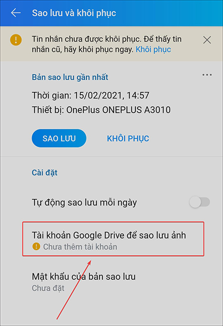 Chọn mục Tài khoản Google Drive để sao lưu hình ảnh