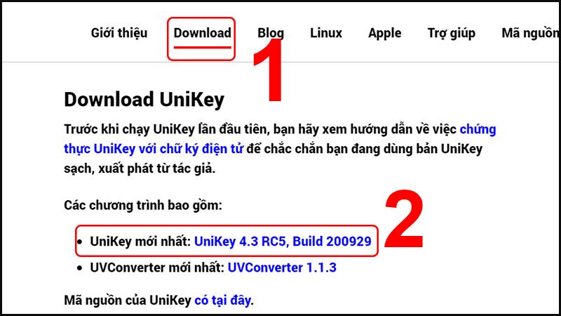 Bạn sẽ được tự động đưa đến phần tải phiên bản mới nhất của UniKey