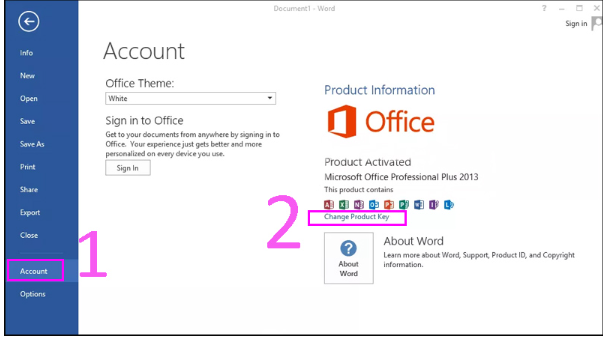  Mở Microsoft Word, nhấn vào File -  Account - Change Product Key để kích hoạt dùng thử 