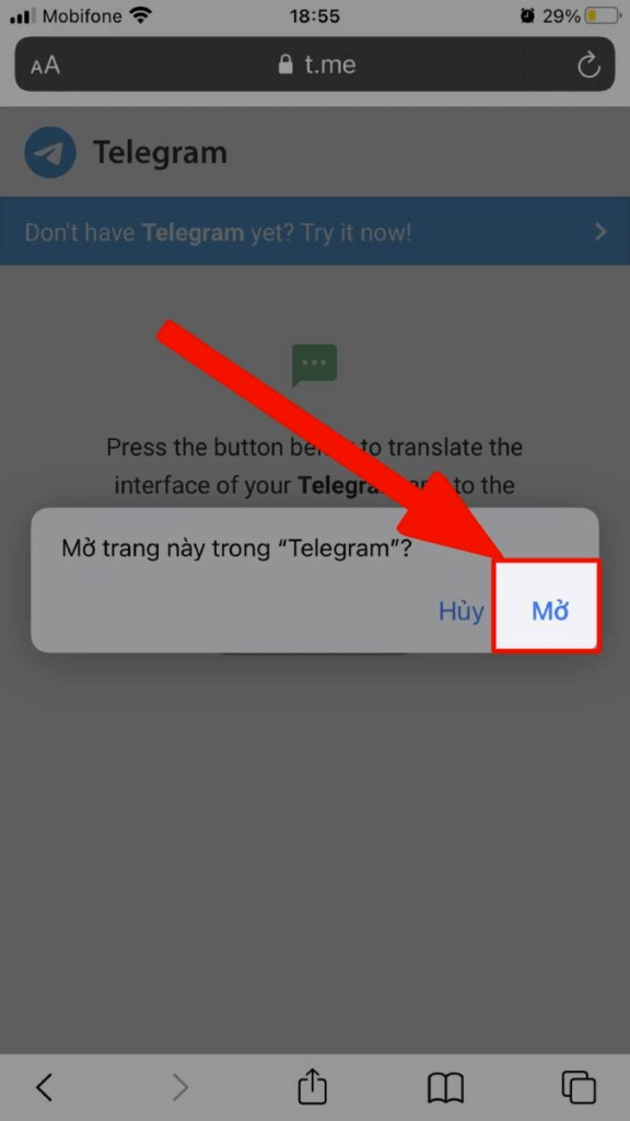 Chọn mở link cài đặt tiếng Việt cho Telegram