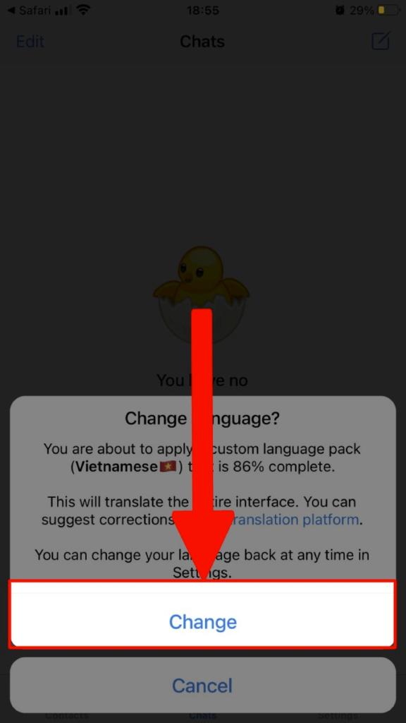Nhấn vào nút "Change" để thay đổi ngôn ngữ sang tiếng Việt