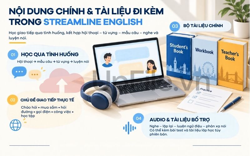 Nội dung chính và tài liệu đi kèm trong Streamline English